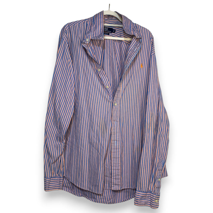 CAMISA POLO RALPH LAUREN OXFORD RAYAS AZUL-NARANJA TALLA 17 / CUSTOM FIT
