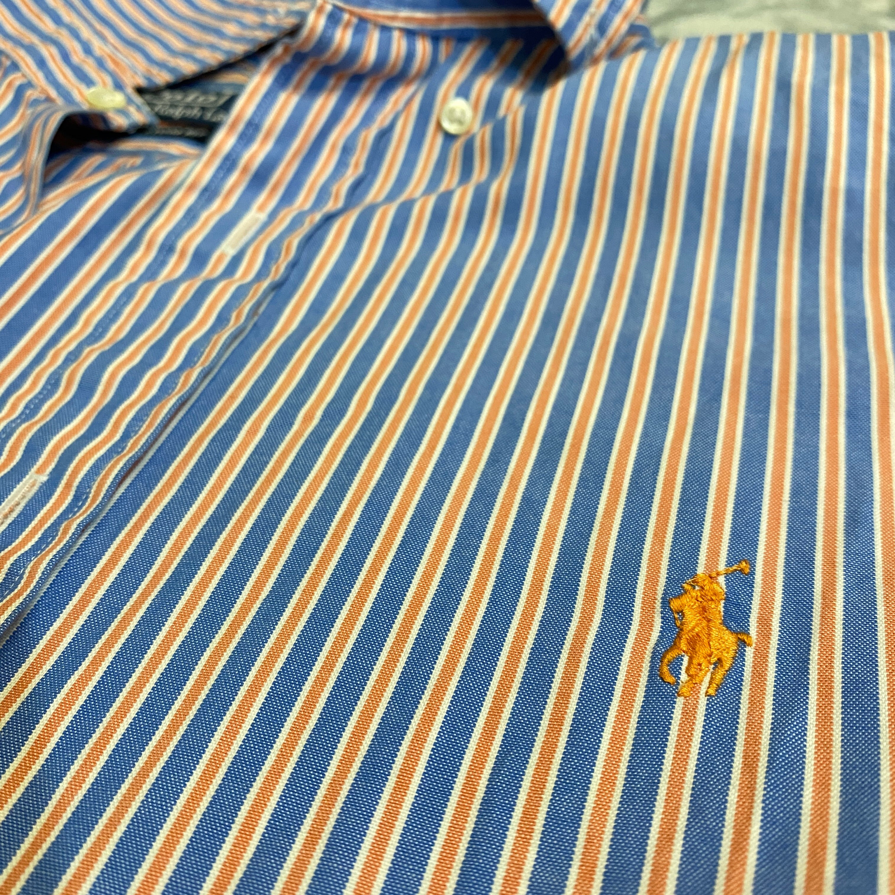CAMISA POLO RALPH LAUREN OXFORD RAYAS AZUL-NARANJA TALLA 17 / CUSTOM FIT