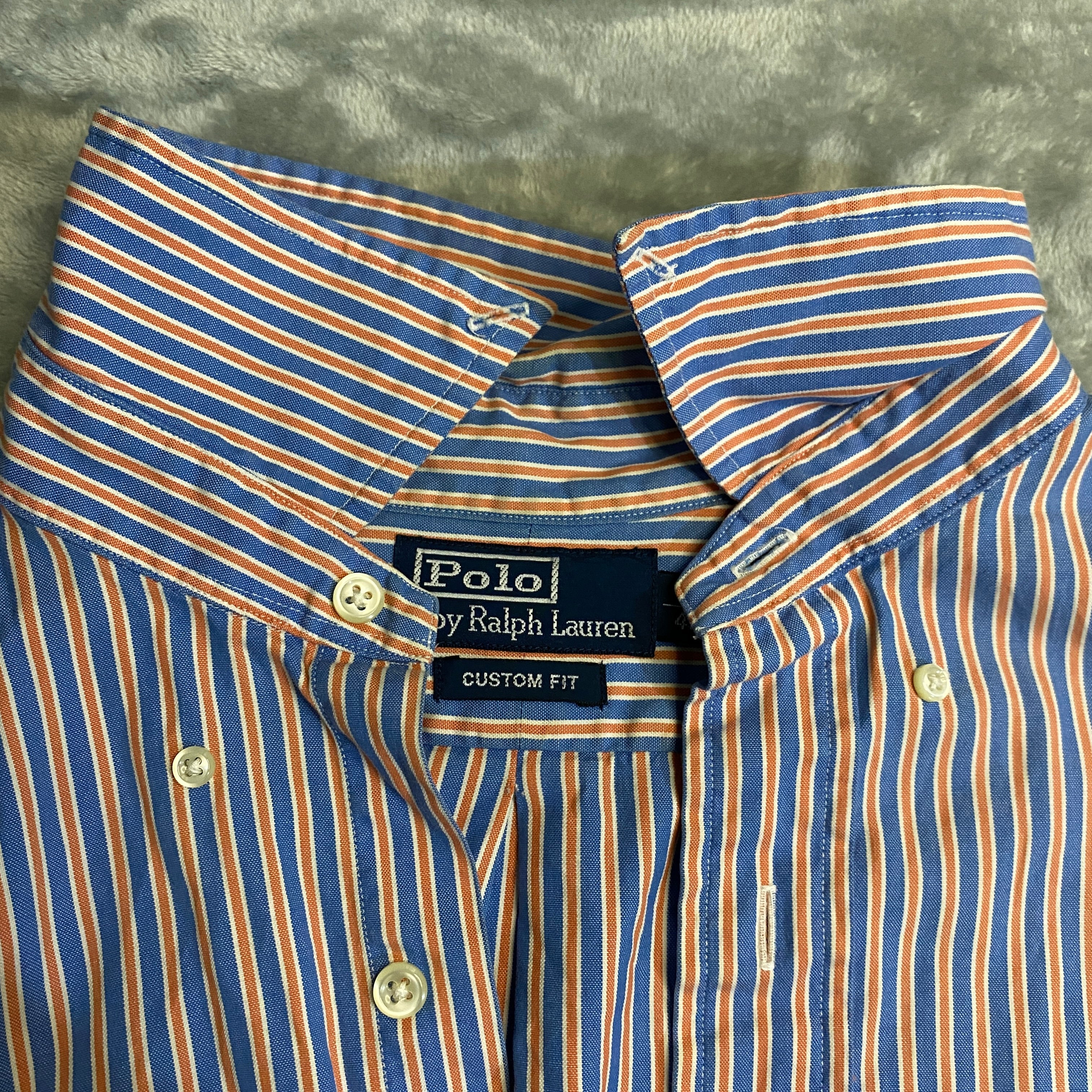 CAMISA POLO RALPH LAUREN OXFORD RAYAS AZUL-NARANJA TALLA 17 / CUSTOM FIT