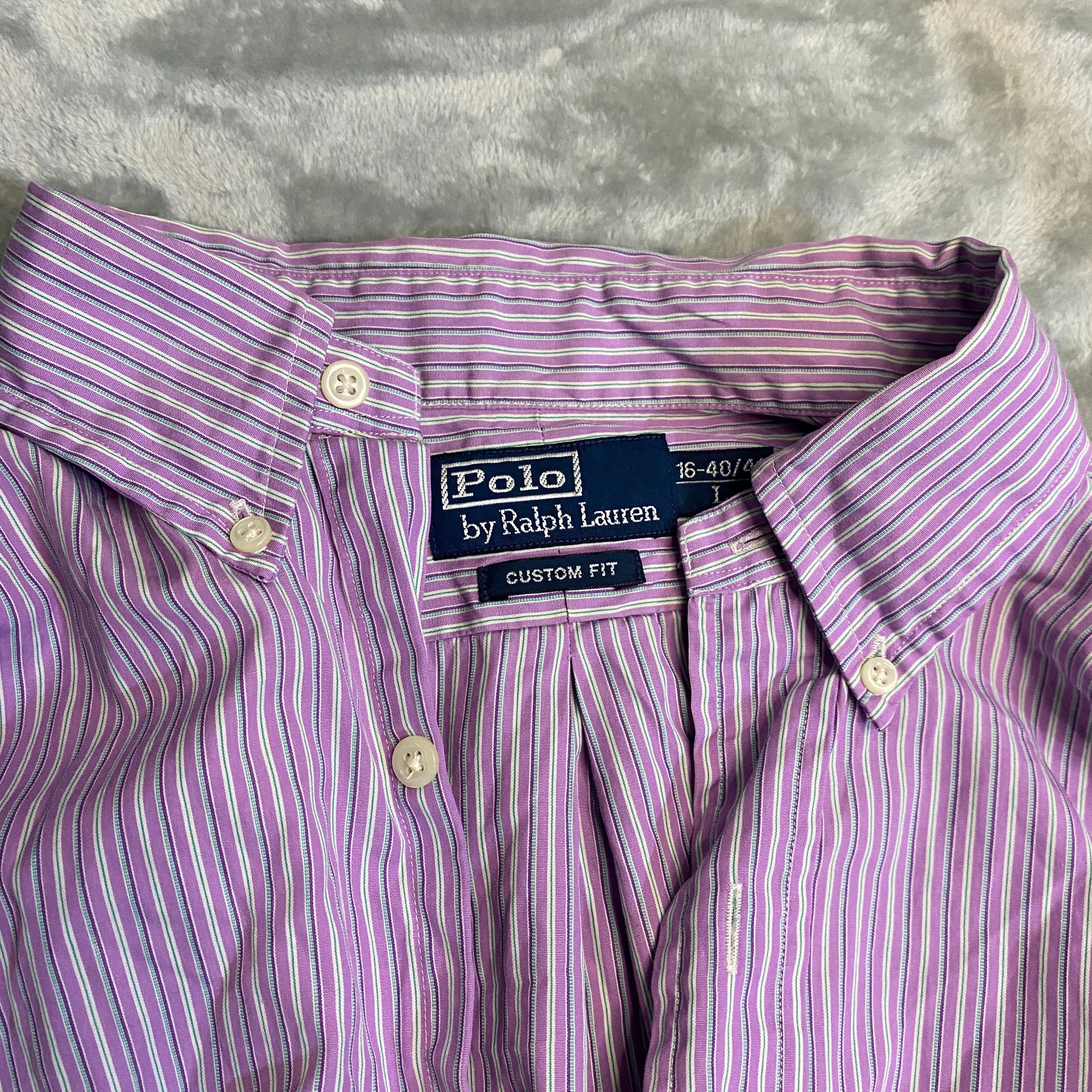 CAMISA POLO RALPH LAUREN OXFORD RAYAS LILA-AZUL CIELO TALLA 16-40/41 / L / CUSTOM FIT