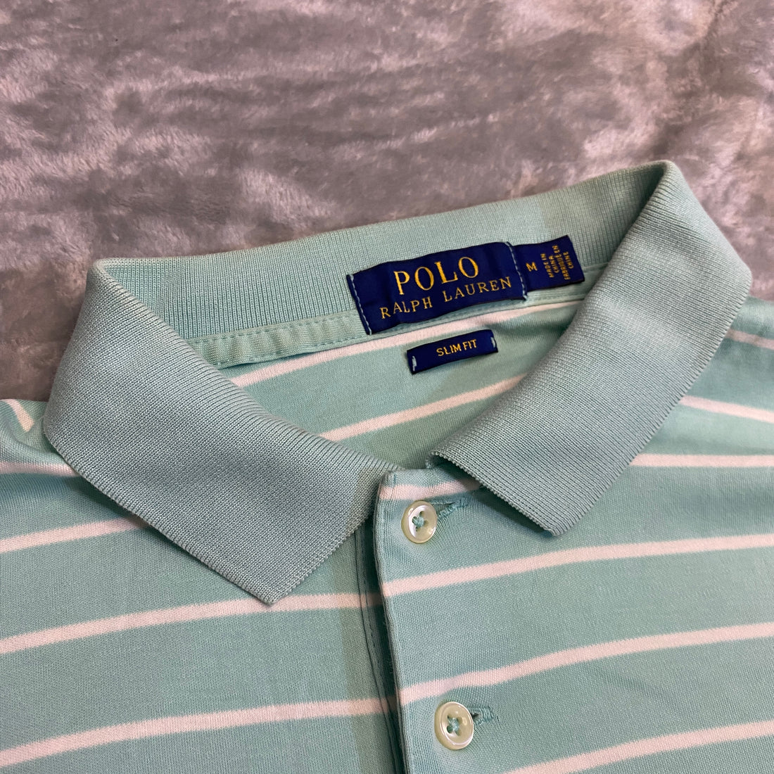 POLO RALPH LAUREN RAYAS VERDE AGUA + BLANCO TALLA M (SLIM FIT)