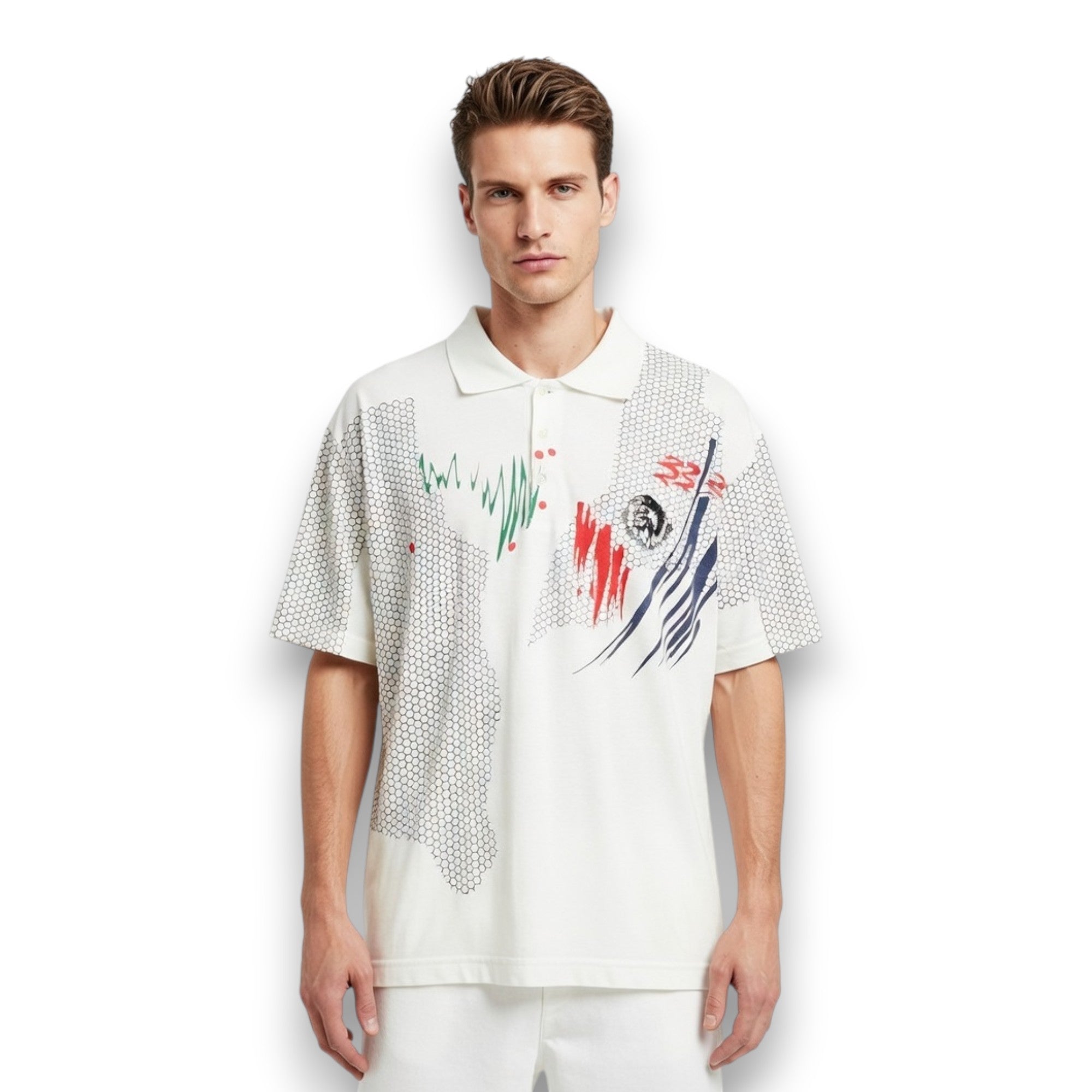 POLO DIESEL BLANCO CON PRINT GRÁFICO Y HEXÁGONOS