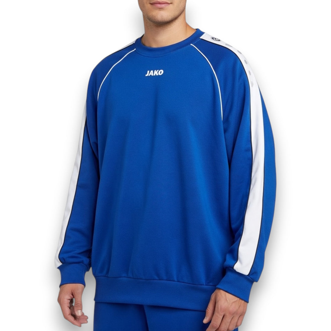 SUDADERA JAKO AZUL ROYAL CON BANDAS BLANCAS