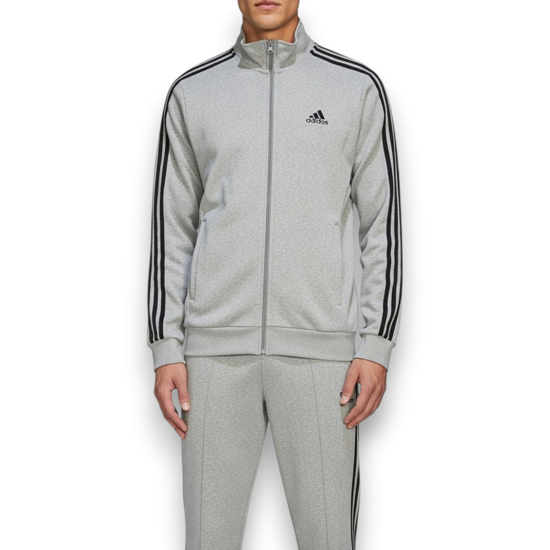 CHAQUETA ADIDAS GRIS CON TRES RAYAS NEGRAS