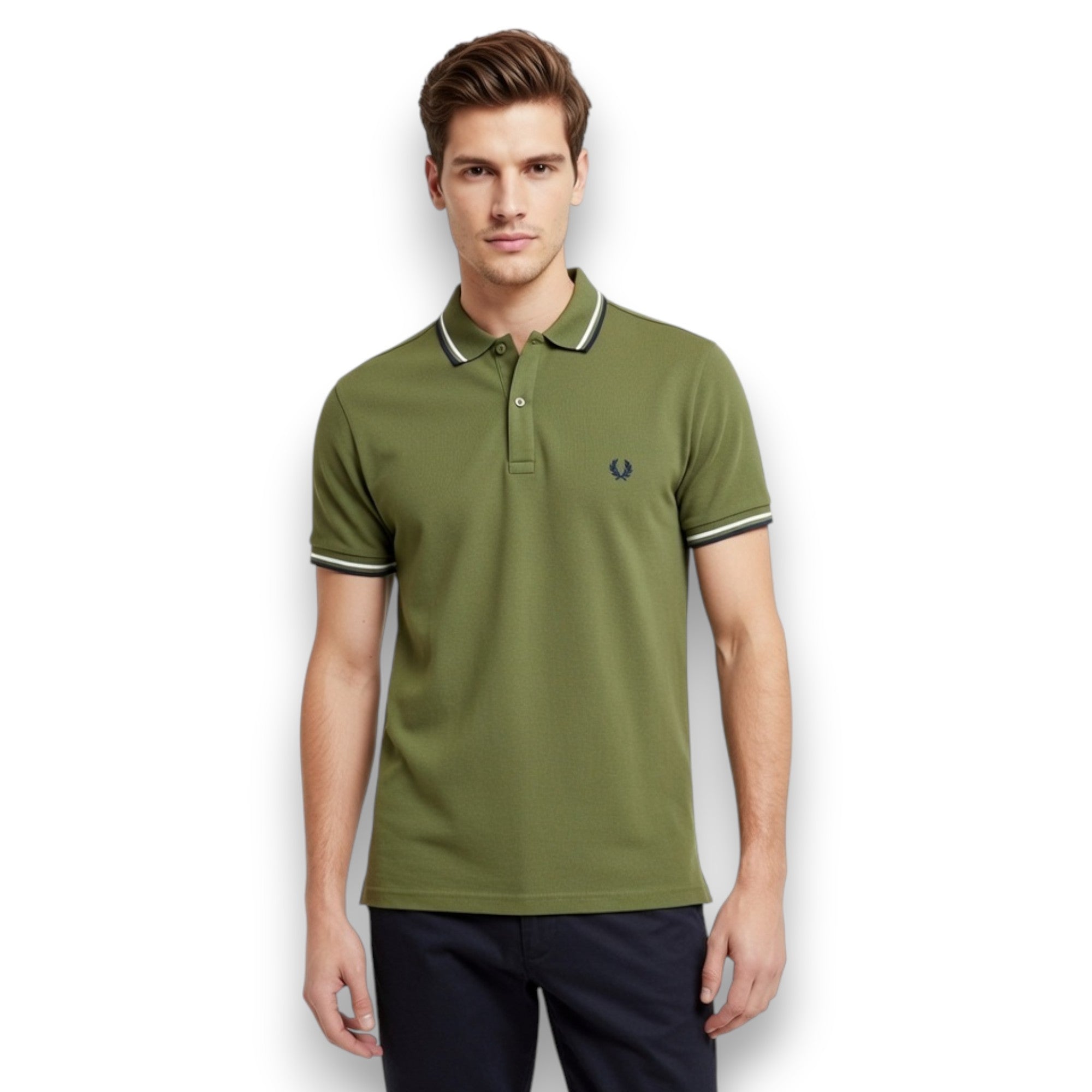 POLO FRED PERRY VERDE OLIVA CON DETALLES BLANCO-AZUL